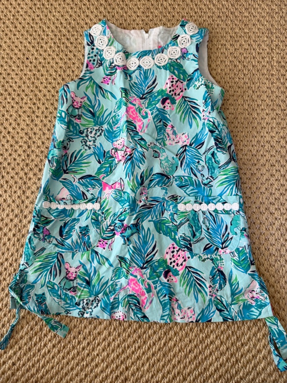 Lilly Pulitzer Girls Aqua Blue Tropical Leaf & Pink Animal Print Dress